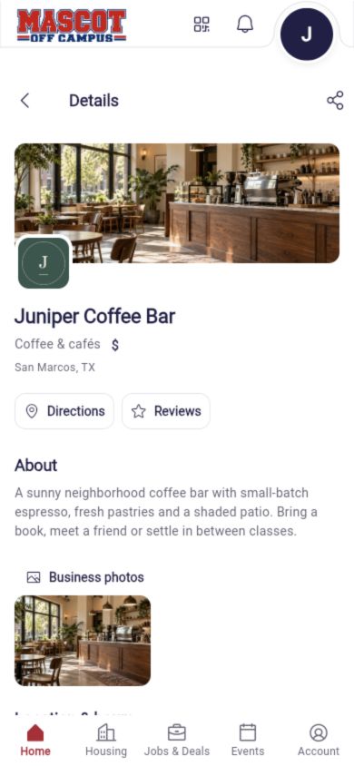 Actual Mascot business profile interface with fictional Juniper Coffee Bar imagery and details
