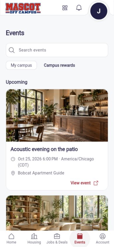 Actual Mascot Events interface with fictional example event content