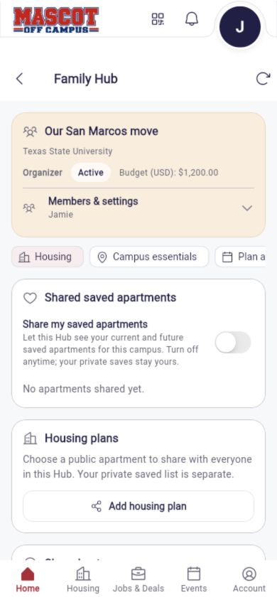 Actual Mascot Family Hub interface showing optional saved-apartment sharing turned off
