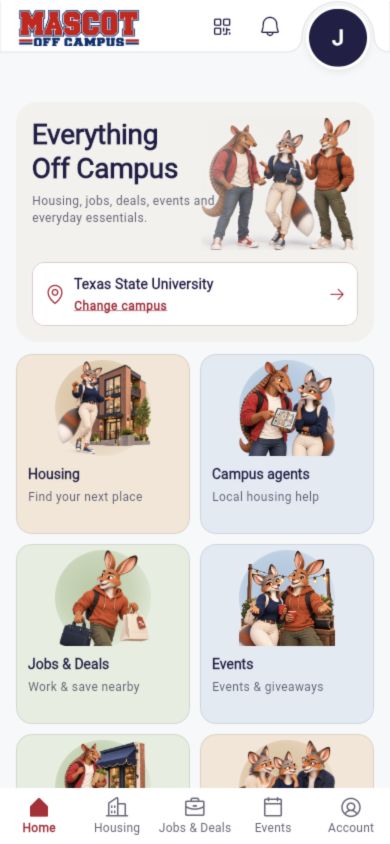 Mascot’s real Home interface with housing, jobs, deals and events