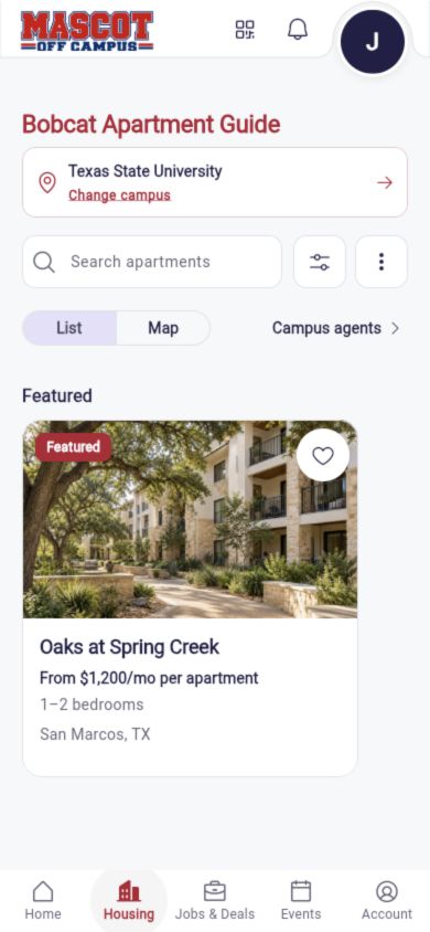 Actual Mascot housing interface with a fictional Oaks at Spring Creek listing