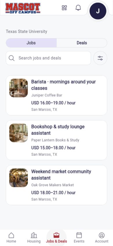 Actual Mascot Jobs and Deals interface populated with three fictional jobs
