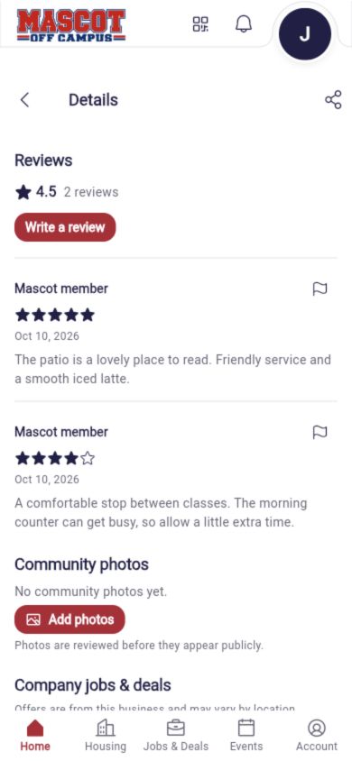 Mascot member reviews interface with fictional demonstration content